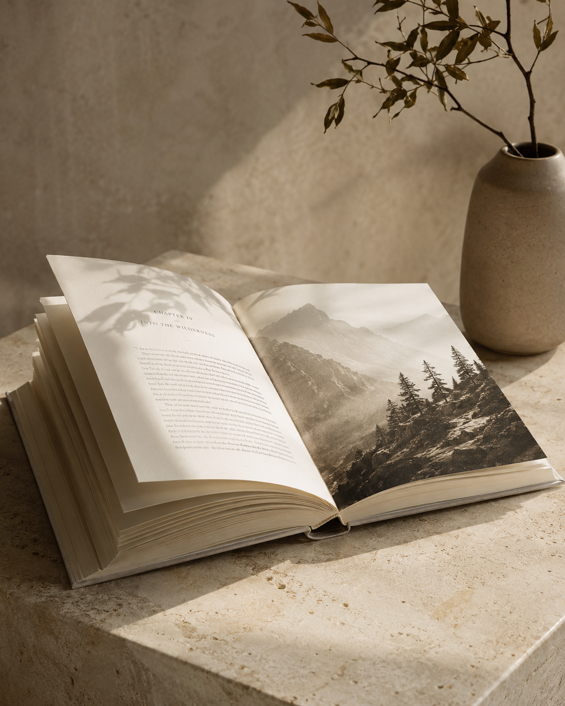 An open book on a stone plinth lit by warm indirect light