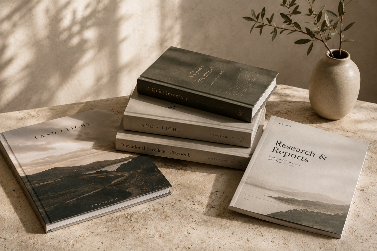 A collection of Kumo editions — books, playbooks, research reports and photo books — arranged on a stone surface